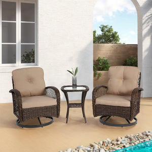 English Elm 3 Outdoor Swivel Rocker Patio Chairs Set with 360° Spin, Rocking Comfort, Tempered Glass Table, Durable Steel Frame and Plush Cushions khaki W640P263673