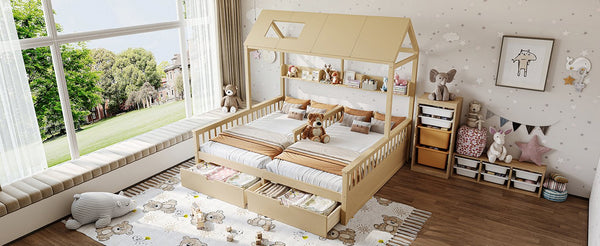 English Elm Double Twin House Bed Pine Wood Frame Kids Playhouse Bunk with Storage Drawers Natural W5305S00007