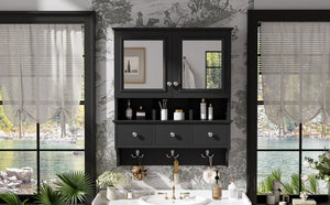 English Elm 4-in-1 Wall Mounted Bathroom Cabinet with Mirror Drawers and Towel Hooks Vanity Black N710P405416B