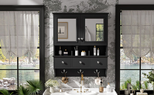 English Elm 4-in-1 Wall Mounted Bathroom Cabinet with Mirror Drawers and Towel Hooks Vanity Black N710P405416B