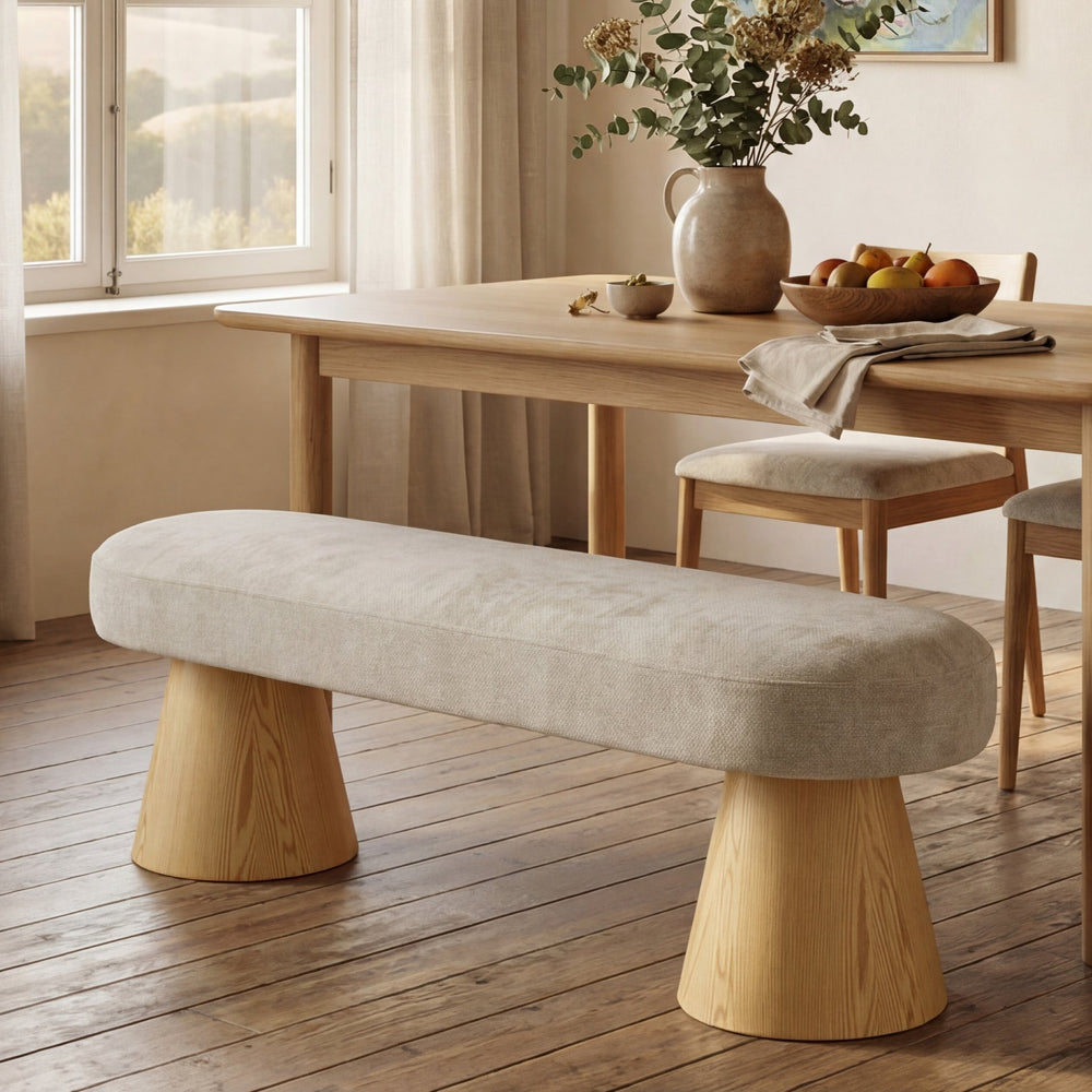 English Elm Dining Bench Oatmeal Chenille Upholstered Seat Tapered Pine Legs Modern Style N779P253575A