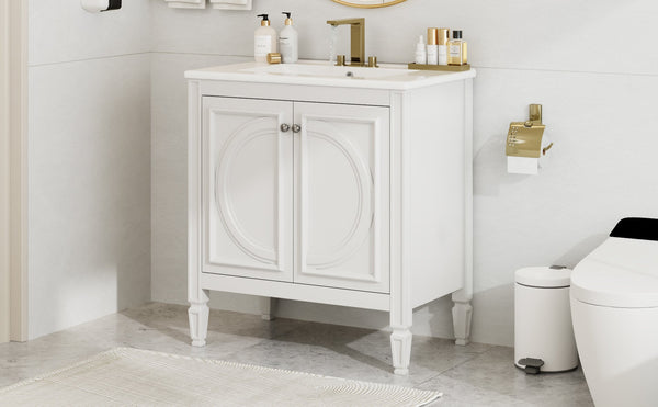 English Elm Christopher Knight Home® - 30" Bathroom Vanity with Sink Vintage Freestanding Ceramic Top Soft-Close Doors Gold Knobs, Storage White N759P226000K