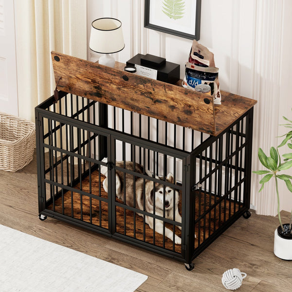 English Elm Furniture style dog crate with sturdy steel frame, particle board top for 150lb storage, fits dogs up to 70lb Rustic Brown W1162119831