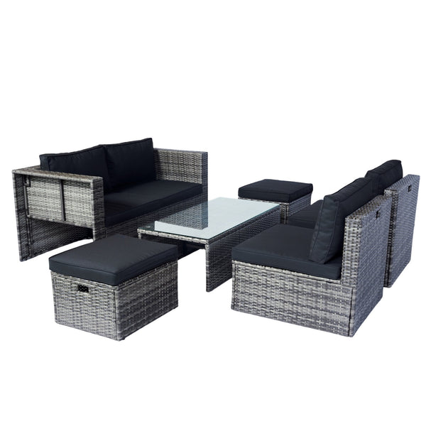 English Elm 6 Piece Patio Wicker Sectional Set with Space-Saving Nesting Design, Steel Frame, Tempered Glass Table and Weatherproof Cushions Grey+Black W329S00054