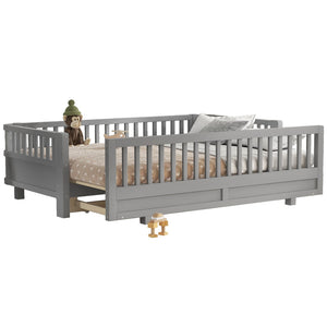 English Elm Twin Xl Convertible Platform Bed With Guardrails, Solid Wood Frame In Gray - Safe & Stylish Sleep Solution W1580S00242-GIGA