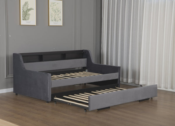 English Elm Twin Size Daybed With Trundle, Plush Velvet Upholstery, Led Lights & Charging Station For Modern Spaces W1670S00026-GIGA