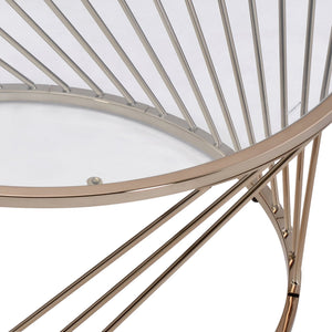 English Elm Bluelipe Champagne Finish Coffee Table with Clear Glass Top, Round Metal Drum Base, Modern Elegance B2726P244381