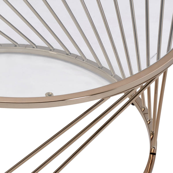 English Elm Bluelipe Champagne Finish Coffee Table with Clear Glass Top, Round Metal Drum Base, Modern Elegance B2726P244381