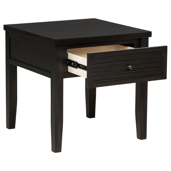 English Elm Sutter Farmhouse Square End Table with Louvered Drawer and Planked Pine Wood Top B062P441045