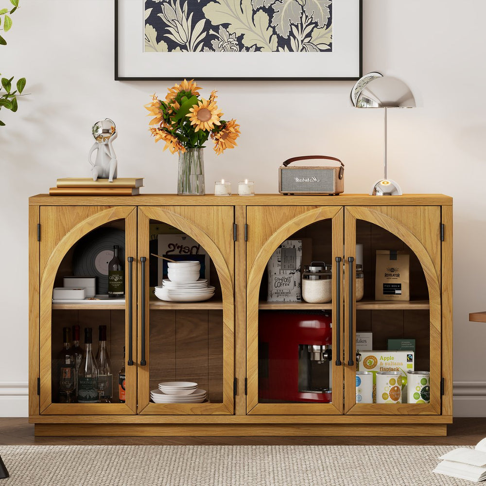 English Elm Trexm Arched Glass Door Buffet Sideboard Oak Veneer Storage Cabinet for Dining Room Natural Wood XW000021AAE-2026