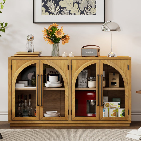 English Elm Trexm Arched Glass Door Buffet Sideboard Oak Veneer Storage Cabinet for Dining Room Natural Wood XW000021AAE-2026