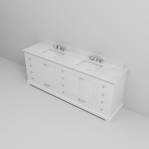 English Elm White 84" Double Bath Vanity with Carrara Marble Top, 14 Drawers, Soft-Close, Chrome Faucet Set B2731P258420