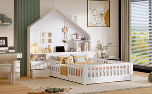 English Elm Full Size House Bed White Wood Frame with Drawers Shelves and Built in Usb Charging LT000423AAK-2