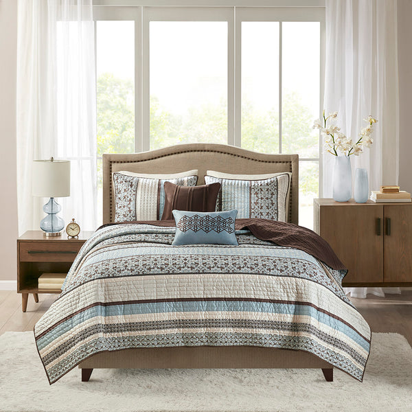 JLA Home Madison Park - 5 Reversible Jacquard Quilt Set with Chocolate Base, Leaf & Medallion Motifs, Pleated Embroidered Pillows Blue MP13-614