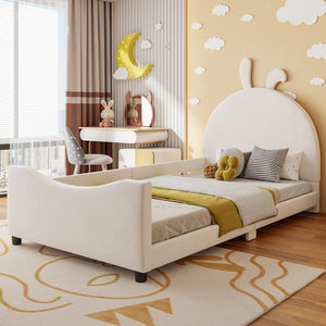 English Elm Twin Velvet Daybed with Sculptural Rabbit Ear Headboard for Kids or Guest Rooms Beige N737P380205A