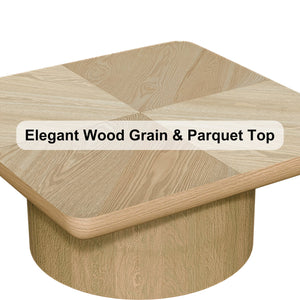 English Elm 34.6'' Square Coffee Table Parquet Wood Veneer Sculptural Cylindrical Base Modern Living Room Natural Wood W1435P337646