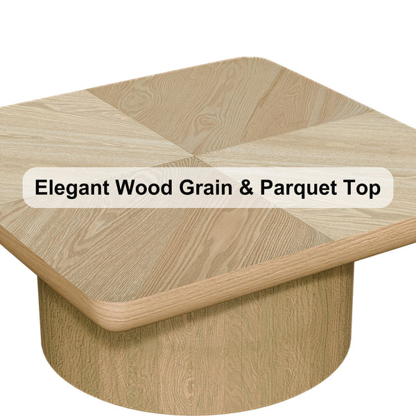 English Elm 34.6'' Square Coffee Table Parquet Wood Veneer Sculptural Cylindrical Base Modern Living Room Natural Wood W1435P337646