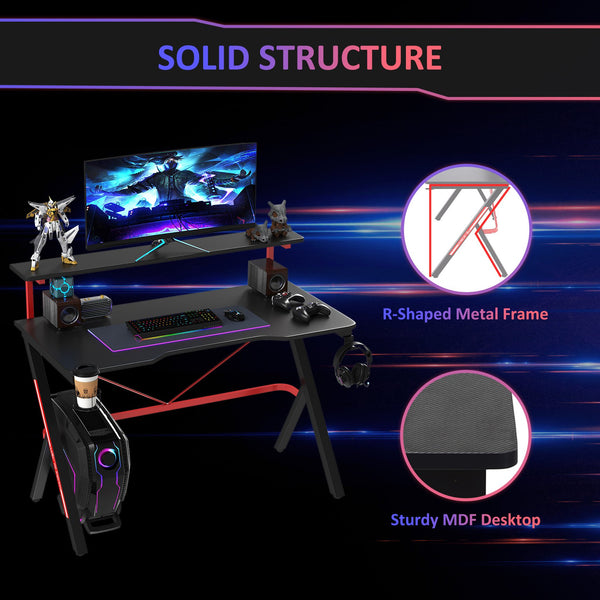 English Elm HOMCOM 47" Gaming Desk with Elevated Monitor Shelf, Carbon-Fiber Top, K-Frame, Cup Holder Hook Cable Management W2225S00062