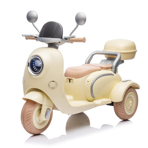 English Elm 12v Dual Motor Two Seater Kids Electric Ride on Motorcycle with Bluetooth Led and Trunk Beige W1578P268011