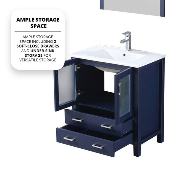 English Elm Navy Blue Bath Vanity With White Ceramic Top, Chrome Faucet & 28 In. Mirror - Stylish & Functional! B2731S01287