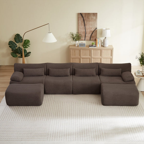 English Elm Sectional U-shaped Corduroy Sofa with Ottoman Convertible Layout for Any Living Room Brown W2339S00156