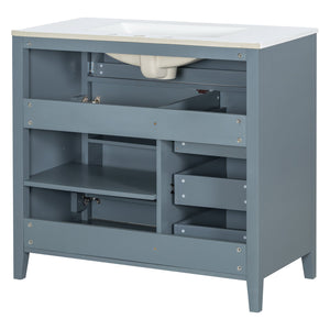 English Elm 36-Inch Blue Gray Modern Bathroom Vanity With Durable Rubberwood Cabinet, Sink & 3 Drawers For Storage N725P350821E