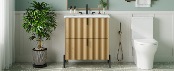 English Elm Christopher Knight Home® - 30" Bathroom Vanity With Elegant Ceramic Sink, Soft-Close Drawers & Fluted Design For Modern Spaces N817P288931N