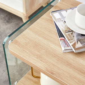 English Elm Three Triple-Layer Bedside Table with MDF Top & Tempered Glass Legs, Storage, Minimalist Warmth W1512P387008