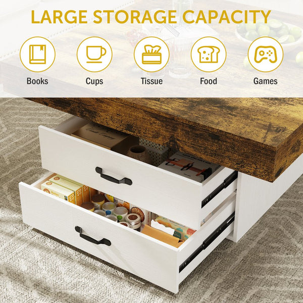 English Elm Coffee Table Square Led Lit Engineered Wood Farmhouse Design with Storage Drawers White W1550P317688