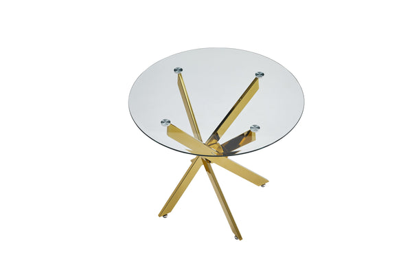 English Elm Modern Round Tempered Glass Dining Table with Glam Gold Iron Base for Compact Spaces Golden W3590S00009