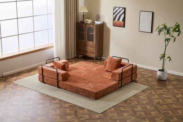 English Elm Floor Couch - Stylish Convertible Futon Sofa Bed With Armrests & Pillow Support In Orange Chenille W3723P344022