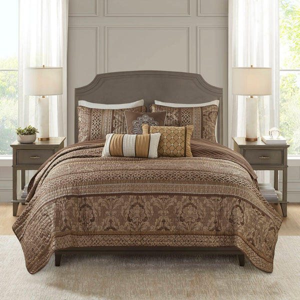 JLA Home Madison Park - 6 Piece Jacquard Quilt Set with Throw Pillows — Reversible Luxe Texture, Leaf & Ironwork Motifs, Hotel-Style Elegance Brown/Gold MP13-369