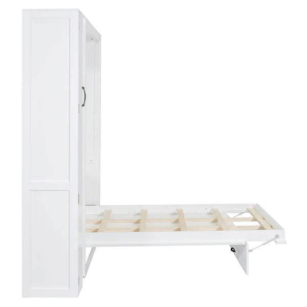 English Elm Full Size Murphy Bed with Open Shelving Wardrobe and Led Lighting for Studio Spaces White LP000898AAK