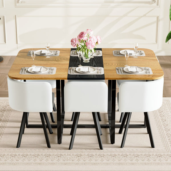 English Elm 7-piece Modern Dining Set with Two-tone Wood Table and Six White Pu Leather Chairs W3875S00127