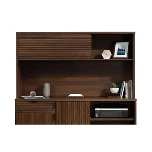 English Elm Hutch, Brown Finish Engineered Wood with Flip-Up Hidden Storage, Cubbyholes & Cord Management (71.75") B356P367776