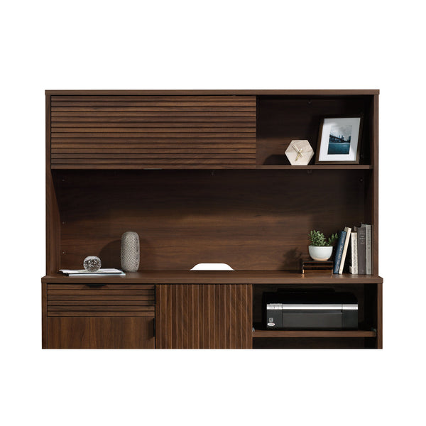 English Elm Hutch, Brown Finish Engineered Wood with Flip-Up Hidden Storage, Cubbyholes & Cord Management (71.75") B356P367776