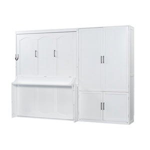 English Elm Queen Murphy Bed with Wardrobe Cabinet Hydraulic Lift Mdf Space Saving Wall Unit White LP000581AAK-1
