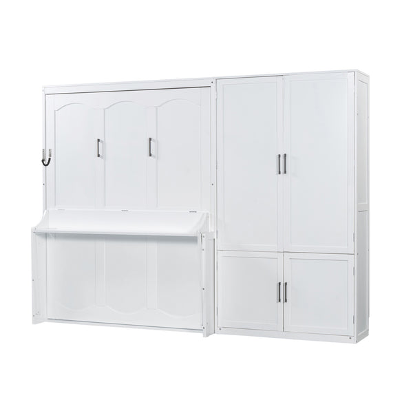 English Elm Queen Murphy Bed with Wardrobe Cabinet Hydraulic Lift Mdf Space Saving Wall Unit White LP000581AAK-1