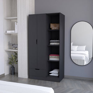English Elm Redmond Black Armoire with Drawer, 4 Adjustable Shelves & Hanging Rod – Space-Saving Storage Solution B128S00124