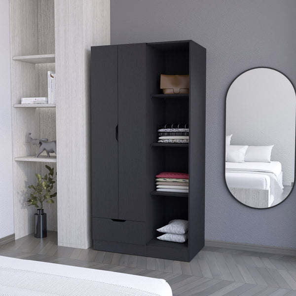 English Elm Redmond Black Armoire with Drawer, 4 Adjustable Shelves & Hanging Rod – Space-Saving Storage Solution B128S00124
