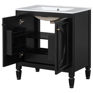 English Elm [video] 60 Inch Freestanding Double Sink Bathroom Vanity with Ceramic Basins Soft Close Storage Black N759S226000B