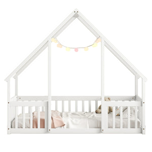 English Elm Twin Wood House-Shaped Floor Bed with Fence and Guardrails – Playful Pine Frame for Imaginative Kids Retreat White W504P143290