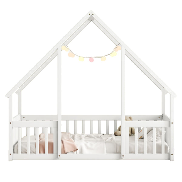 English Elm Twin Wood House-Shaped Floor Bed with Fence and Guardrails – Playful Pine Frame for Imaginative Kids Retreat White W504P143290