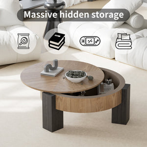 English Elm 33'' Round Coffee Table Parquet Veneer Flip Top Hidden Storage Wabi-sabi Living Room Matte Black,Natural Wood W1435P419318
