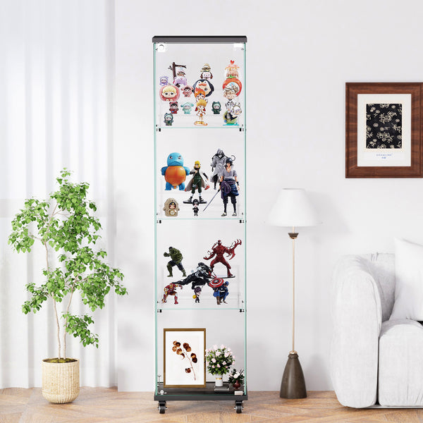 English Elm 4 Tier Glass Display Cabinet - Lockable Floor Standing Storage With Acrylic Shelves & Wheels For Versatility W1668P241902