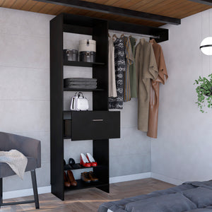 English Elm Hybrid Closet System with Five Open Shelves, Spacious Drawer & Metal Rod for Smart Vertical Storage Black 83 L x 20 W x 4 H B128S00093