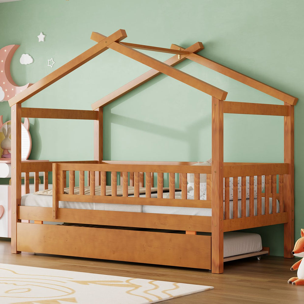 English Elm Twin House Bed with Trundle Solid Pine Frame Walnut Kids Bedroom Sleepover N708P357115L