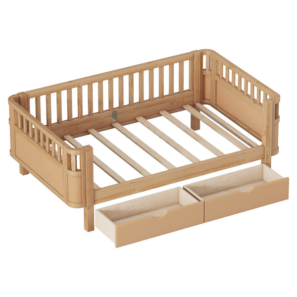 English Elm Twin Solid Wood Platform Bed with Guardrail for Kids, Low-Profile Sturdy Pine Frame, Safe Sleep Solution Natural 69.69 L x 18.5 W x 7.68 H W2593P331680
