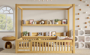 English Elm Full House Floor Bed with Door and Guardrails for Kids, Solid Wood Double Full, Safe Play Nook Natural W1580P359334