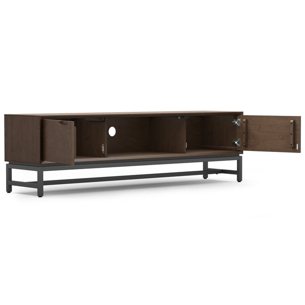 English Elm Banting 72 inch Low TV Stand in Walnut Brown – Solid Rubberwood, Metal Base, Storage, Cord Management B136P203489